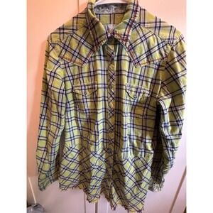 Ryan Michael Womens Lime Green Plaid Western Snap Shirt Fringe Hem Medium